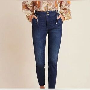 ANTHROPOLOGIE Pilcro Pleated High Rise Dark Wash Blue Denim Skinny Preppy 28